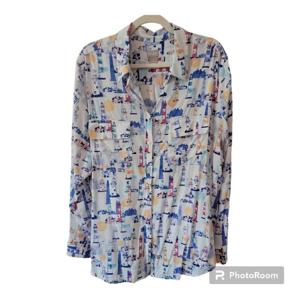 Chicos buttondown women lighthouse print blouse size 4 XL